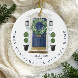 Weihnachten im neuen Zuhause Watercolor Navy Door  Keramik Ornament