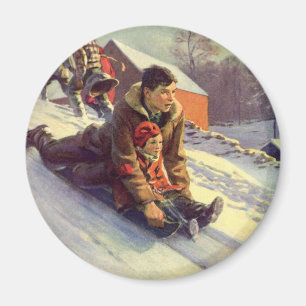 Weihnachten im Retro-Stil, Vater und Tochter beim Magnet