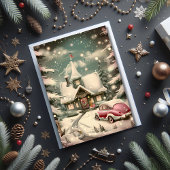 Weihnachten im rosa Oldtimer vor verschneiter Hütt Karte