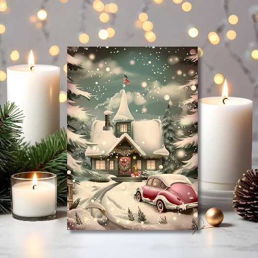 Weihnachten im rosa Oldtimer vor verschneiter Hütt Karte