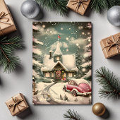 Weihnachten im rosa Oldtimer vor verschneiter Hütt Karte