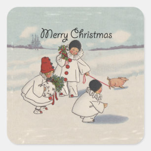Weihnachten im Schnee Kinder Schwein Vintage Quadratischer Aufkleber