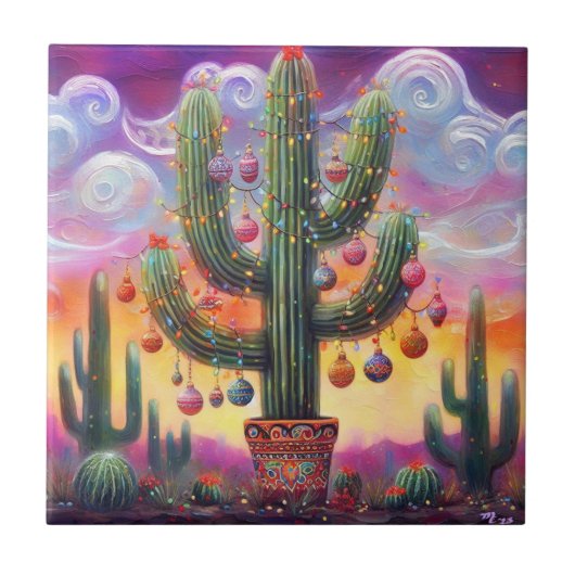 Weihnachten im Südwesten der Wüste Saguaro Fliese (Vorderseite)