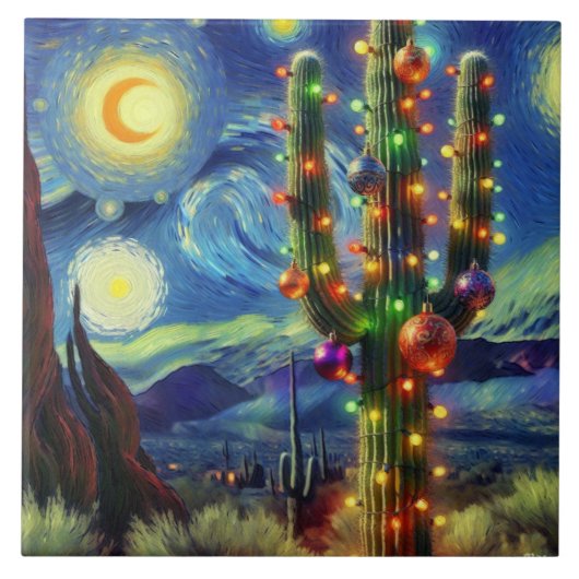 Weihnachten im Südwesten der Wüste Saguaro Fliese (Vorderseite)
