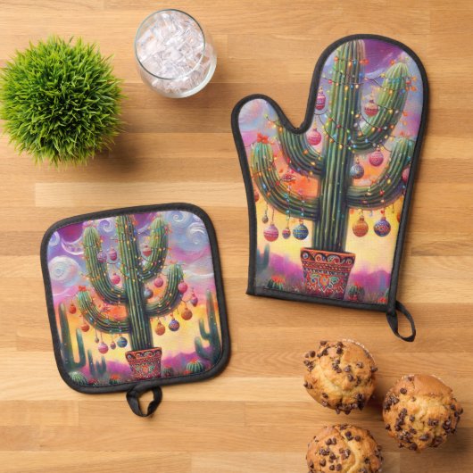 Weihnachten im Südwesten der Wüste Saguaro Ofenhandschuh & Topflappen-Set (Oben Unten)