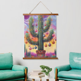 Weihnachten im Südwesten der Wüste Saguaro Wandteppich Mit Holzrahmen