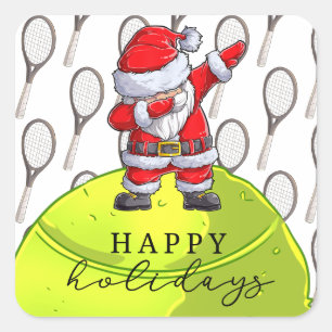 Weihnachten im Tennis mit Ball und Racket mit Sant Quadratischer Aufkleber