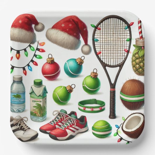 Weihnachten im Tennis mit Schläger und Ball Pappteller (Vorderseite)