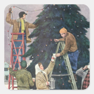 Weihnachten im Vintage-Stil, Familie beim Aufhänge Quadratischer Aufkleber