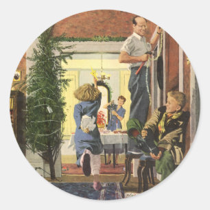 Weihnachten im Vintage-Stil, Familie beim Schmücke Runder Aufkleber