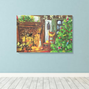Weihnachten im Vintage-Stil, gemütliche Holzhütte  Leinwanddruck