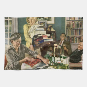 Weihnachten im Vintage-Stil, glückliche Familie be Geschirrtuch