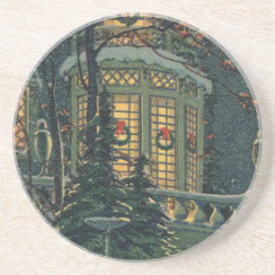 Weihnachten im Vintage-Stil, Haus mit Kränzen in d Untersetzer