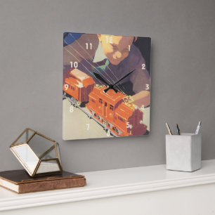 Weihnachten im Vintage-Stil, Junge spielt mit Spie Quadratische Wanduhr