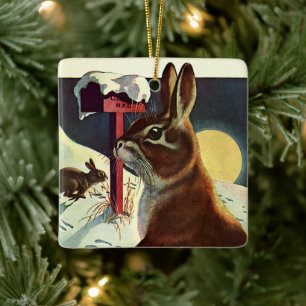 Weihnachten im Vintage-Stil, Kaninchen auf einer w Keramikornament