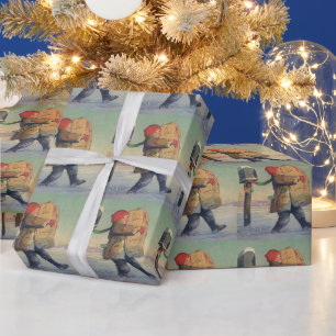 Weihnachten im Vintage-Stil, Kind mit großem Paket Geschenkpapier