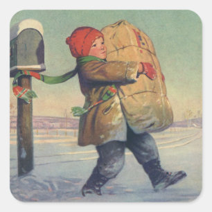Weihnachten im Vintage-Stil, Kind mit großem Paket Quadratischer Aufkleber
