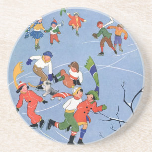 Weihnachten im Vintage-Stil, Kinder beim Eislaufen Untersetzer