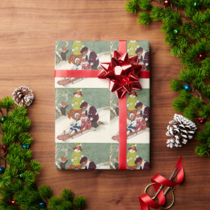 Weihnachten im Vintage-Stil, Kinder beim Schlitten Geschenkpapier