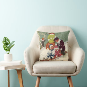 Weihnachten im Vintage-Stil, Kinder beim Schlitten Kissen