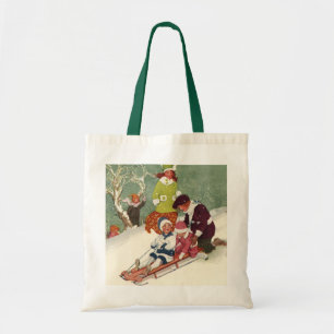 Weihnachten im Vintage-Stil, Kinder beim Schlitten Tragetasche