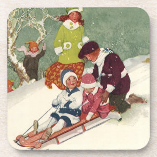 Weihnachten im Vintage-Stil, Kinder beim Schlitten Untersetzer