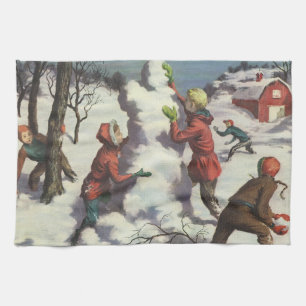 Weihnachten im Vintage-Stil, Kinder beim Schneebal Geschirrtuch