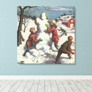 Weihnachten im Vintage-Stil, Kinder beim Schneebal Leinwanddruck