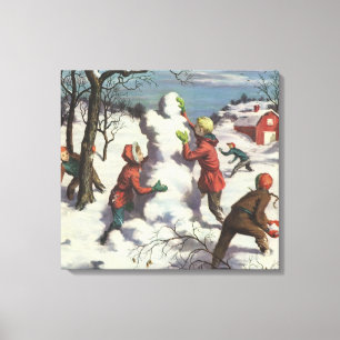 Weihnachten im Vintage-Stil, Kinder beim Schneebal Leinwanddruck