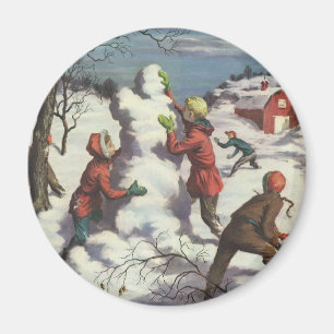 Weihnachten im Vintage-Stil, Kinder beim Schneebal Magnet
