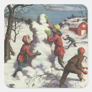 Weihnachten im Vintage-Stil, Kinder beim Schneebal Quadratischer Aufkleber