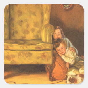 Weihnachten im Vintage-Stil: Kinder warten auf den Quadratischer Aufkleber