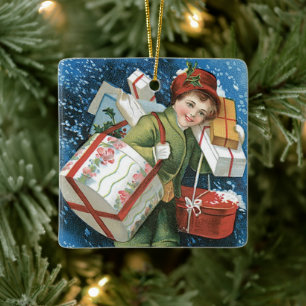 Weihnachten im Vintage-Stil, Mädchen mit Geschenke Keramikornament
