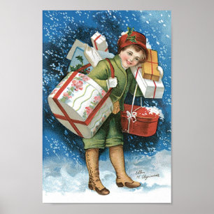 Weihnachten im Vintage-Stil, Mädchen mit Geschenke Poster