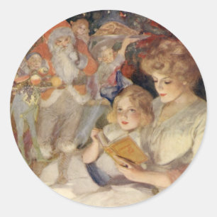 Weihnachten im Vintage-Stil, Mutter liest Gutenach Runder Aufkleber