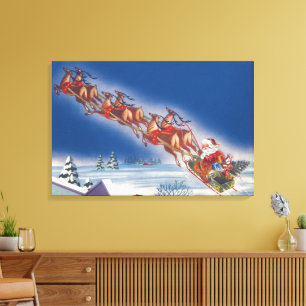 Weihnachten im Vintage-Stil, Santa fliegt mit Schl Leinwanddruck