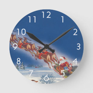Weihnachten im Vintage-Stil, Santa fliegt mit Schl Runde Wanduhr