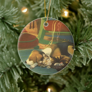 Weihnachten im Vintage-Stil, schlafende Tiere am K Keramikornament