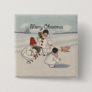 Weihnachten im Vintage-Stil Schneekinder Schwein Button