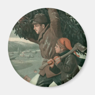 Weihnachten im Vintage-Stil, Vater und Sohn fällen Magnet