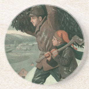 Weihnachten im Vintage-Stil, Vater und Sohn fällen Untersetzer