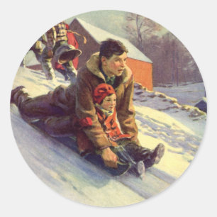 Weihnachten im Vintage-Stil, Vater und Tochter bei Runder Aufkleber