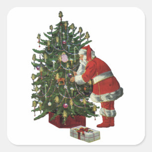 Weihnachten im Vintage-Stil, Weihnachtsmann mit Ge Quadratischer Aufkleber