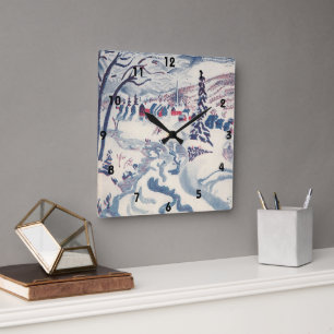 Weihnachten im Vintage-Stil, Winterschlandschaft m Quadratische Wanduhr