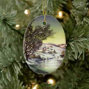 Weihnachten im Vintage-Stil, zugefrorener See mit Keramik Ornament
