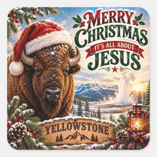 Weihnachten im Yellowstone Bison Frohe Weihnachten Quadratischer Aufkleber
