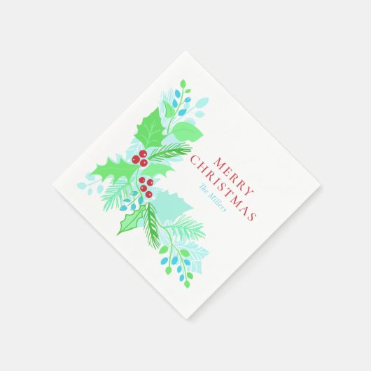 Weihnachten in Aquarellen Blau Grün und Rot Botani Serviette (Ecke)