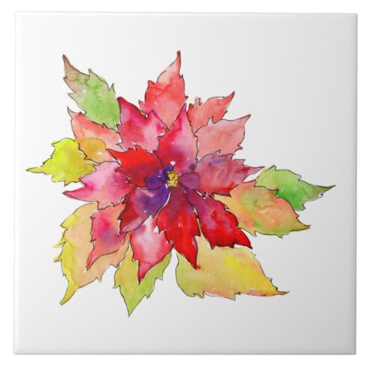 Weihnachten in Aquarellen Rot und Grüne Poinsettia Fliese (Vorderseite)