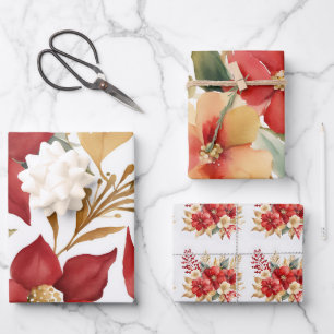 Weihnachten in Aquarellen Rotes Gold Geschenkpapier Set