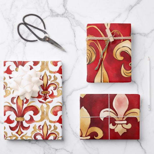 Weihnachten in Aquarellen Rotes Gold Geschenkpapier Set (Vorderseite)